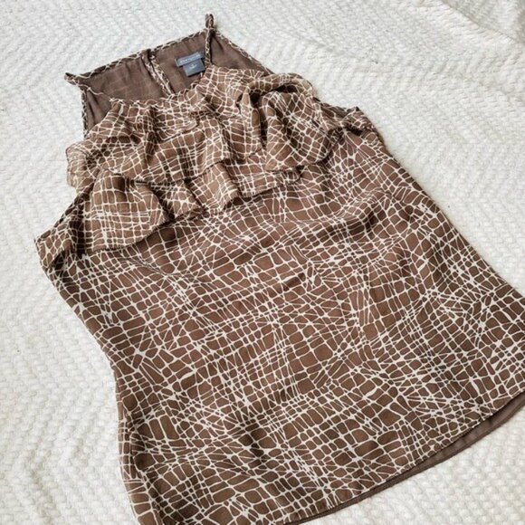 Ann Taylor Brown & White Silk Ruffled Sleeveless Blouse Size S - Picture 10 of 10